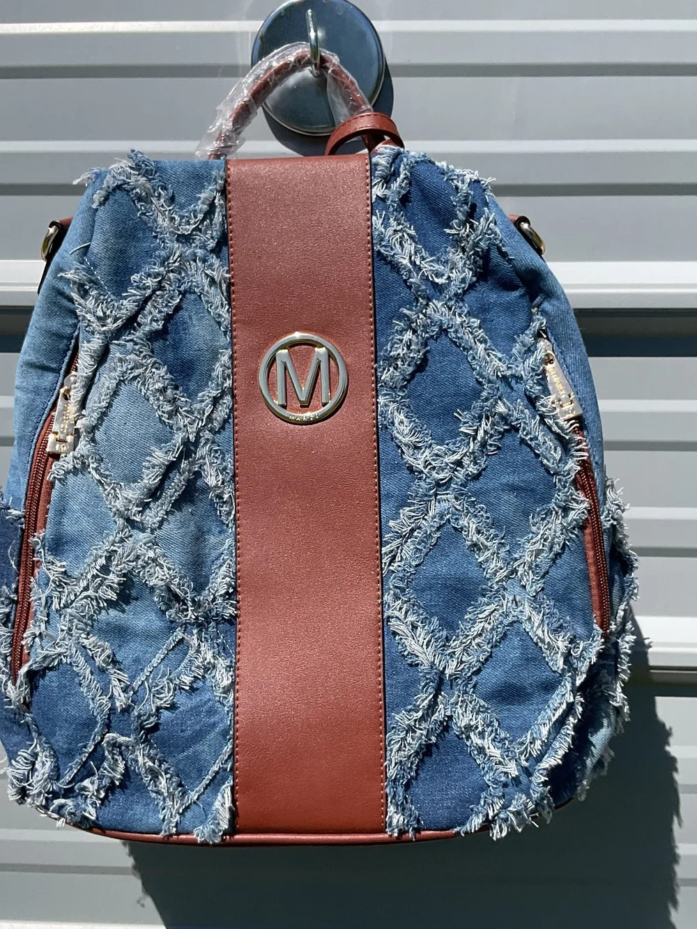 Denim Fringe Quilted Backpack with Brown Trim